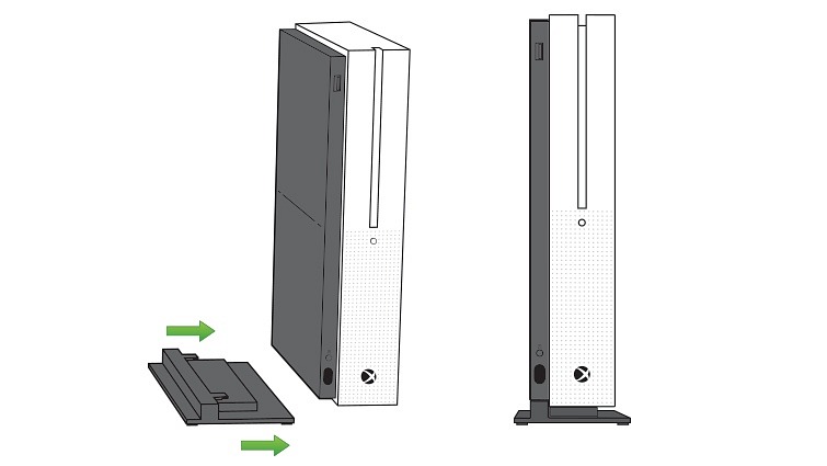 Imágen gráfica de Microsoft sobre cómo colocar el soporte vertical en Xbox One S. Imágen gráfica de Microsoft sobre cómo colocar el soporte vertical en Xbox One S.