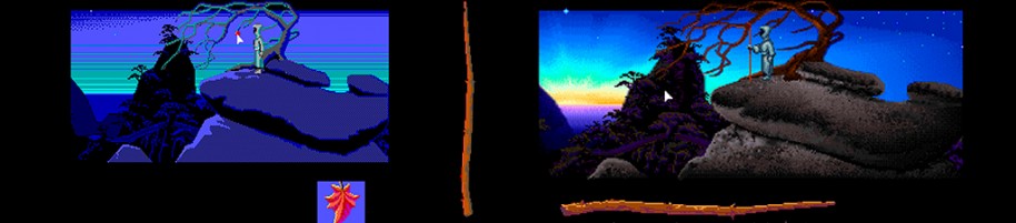 La última hoja de Otoño. Destaca su contrastado color rojo en la versión EGA intencionadamente como tutorial para interactuar con el entorno.